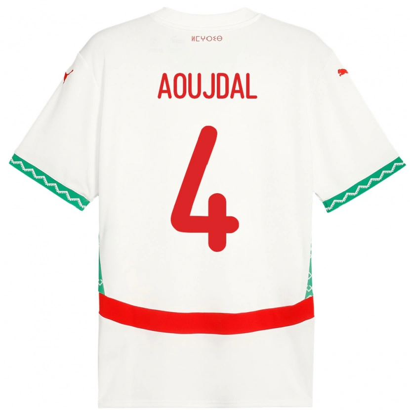 Danxen Femme Maillot Maroc Youssef Aoujdal #4 Blanc Tenues Extérieur 24-26 T-Shirt
