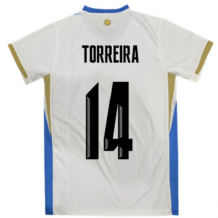 Danxen Femme Maillot Uruguay Lucas Torreira #14 Blanc Bleu Tenues Extérieur 24-26 T-Shirt
