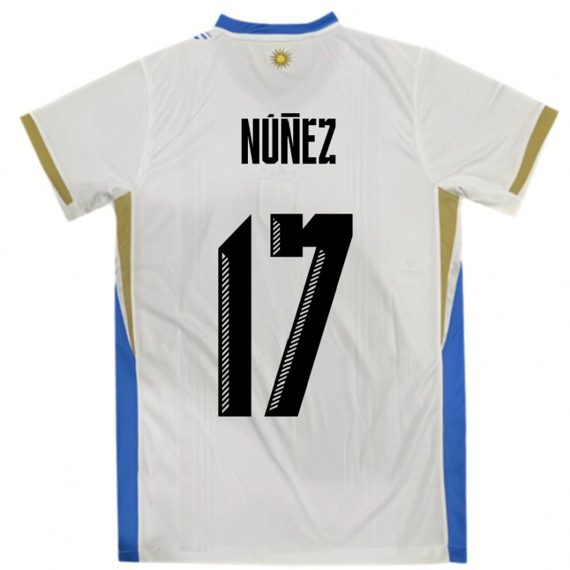 Danxen Femme Maillot Uruguay Facundo Nunez #17 Blanc Bleu Tenues Extérieur 24-26 T-Shirt