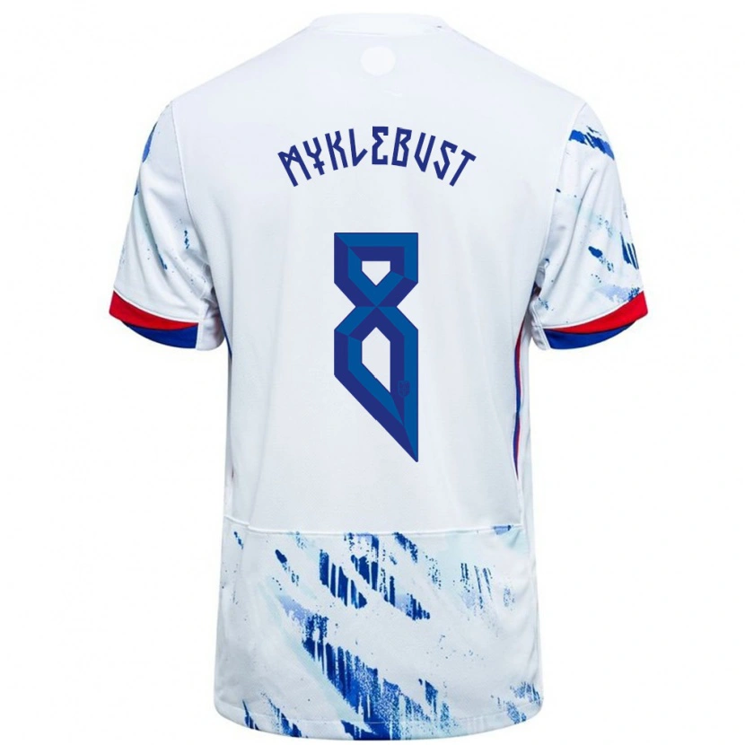 Danxen Femme Maillot Norvège Lucas Myklebust #8 Blanc Bleu Tenues Extérieur 24-26 T-Shirt