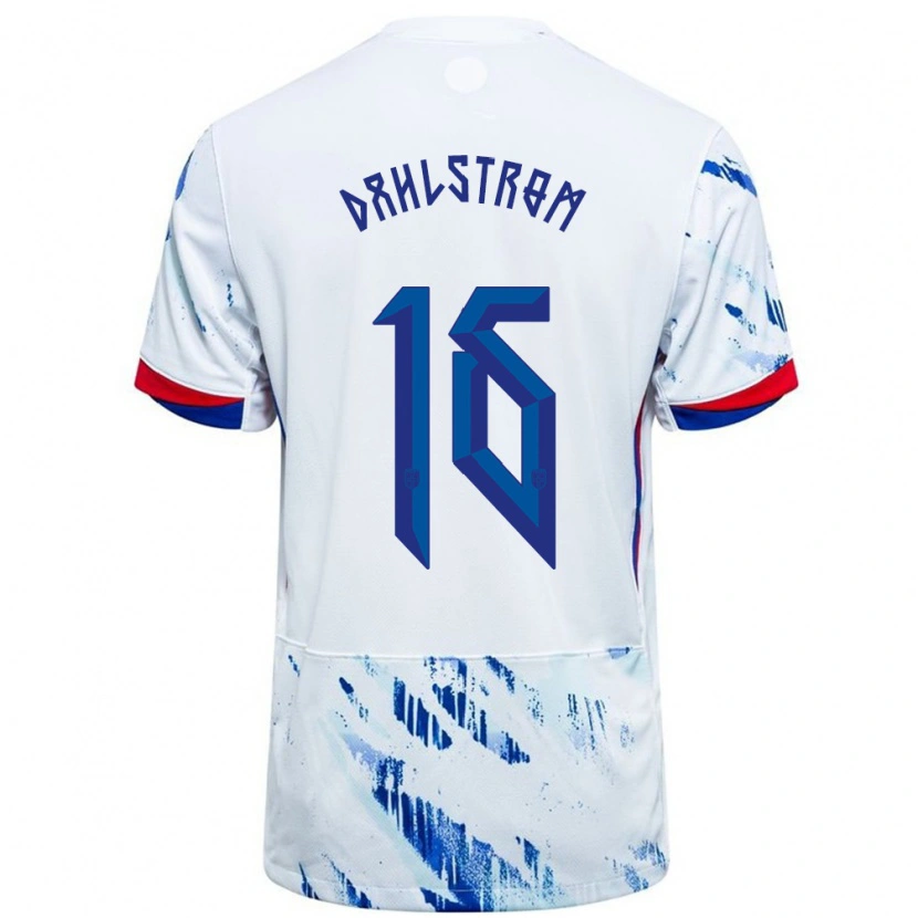 Danxen Femme Maillot Norvège Leon Dahlstrøm #16 Blanc Bleu Tenues Extérieur 24-26 T-Shirt