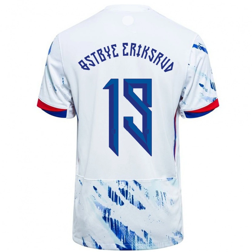 Danxen Femme Maillot Norvège Marius Østbye Eriksrud #19 Blanc Bleu Tenues Extérieur 24-26 T-Shirt