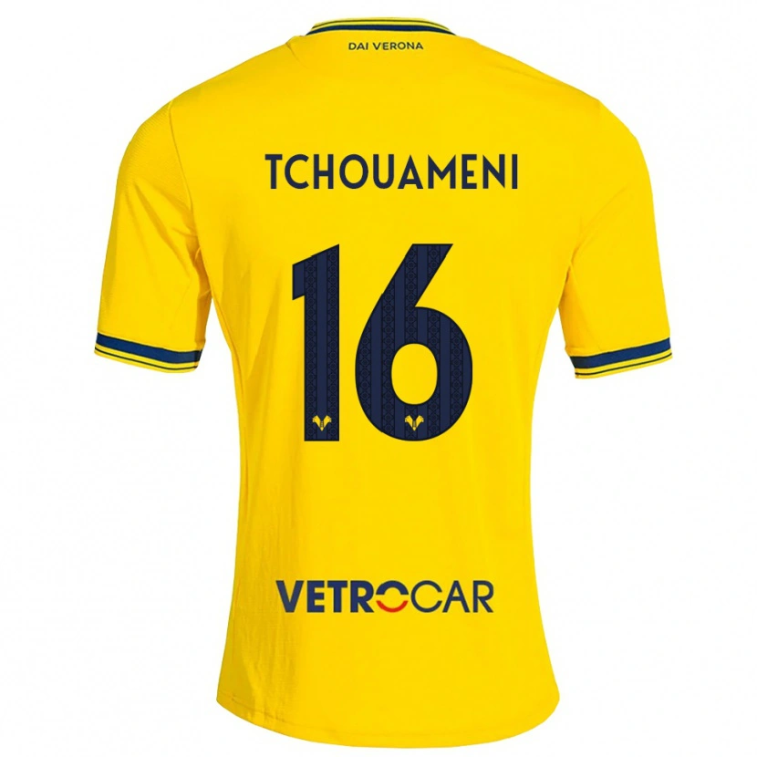 Danxen Enfant Maillot Alex Tchouameni #16 Jaune Rouge Tenues Extérieur 2026/27 T-Shirt