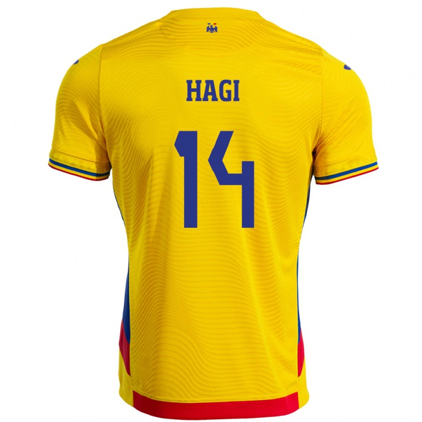 Danxen Enfant Maillot Roumanie Ianis Hagi #14 Jaune Tenues Domicile 24-26 T-Shirt