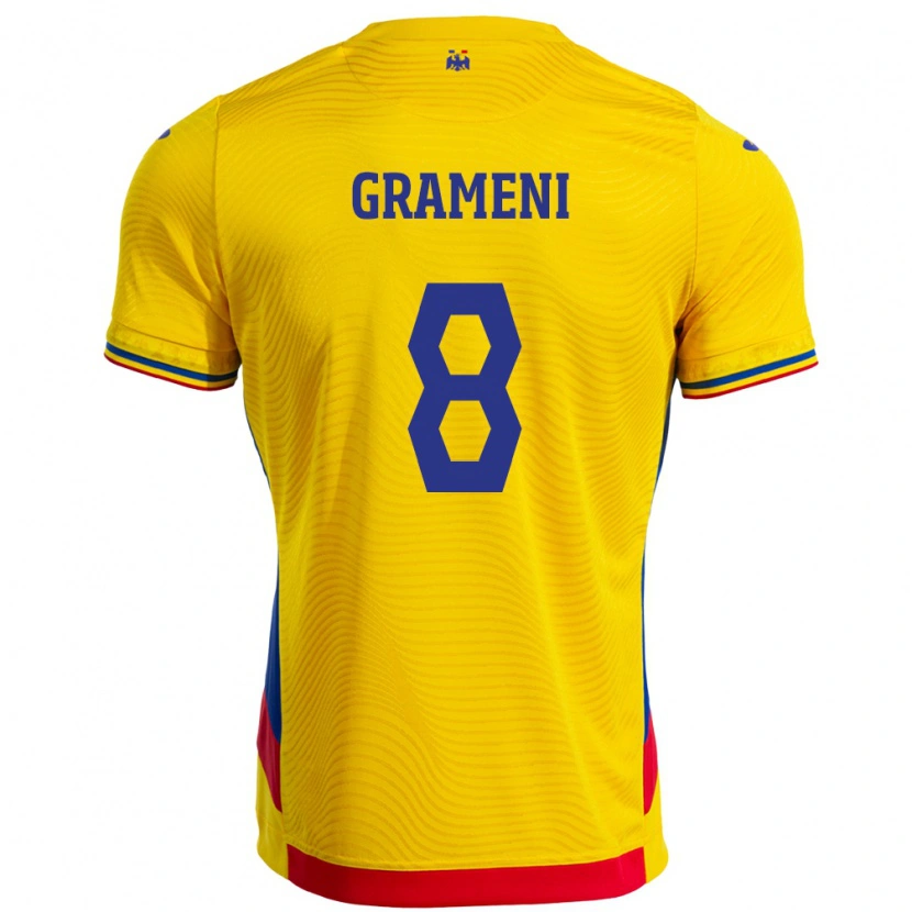 Danxen Enfant Maillot Roumanie Constantin Grameni #8 Jaune Tenues Domicile 24-26 T-Shirt