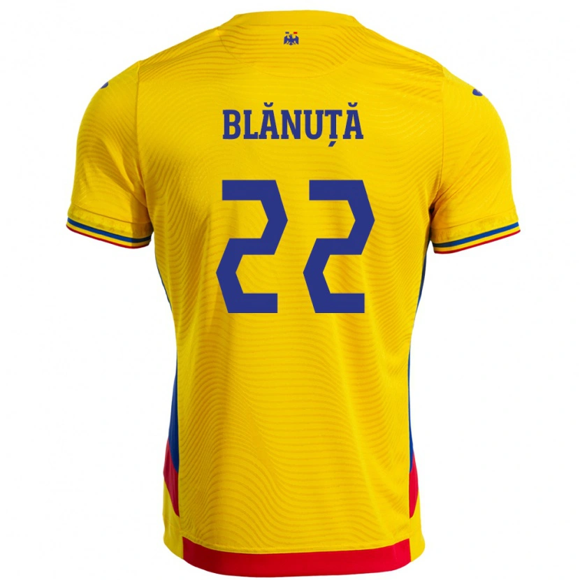 Danxen Homme Maillot Roumanie Vladislav Blănuță #22 Jaune Tenues Domicile 24-26 T-Shirt