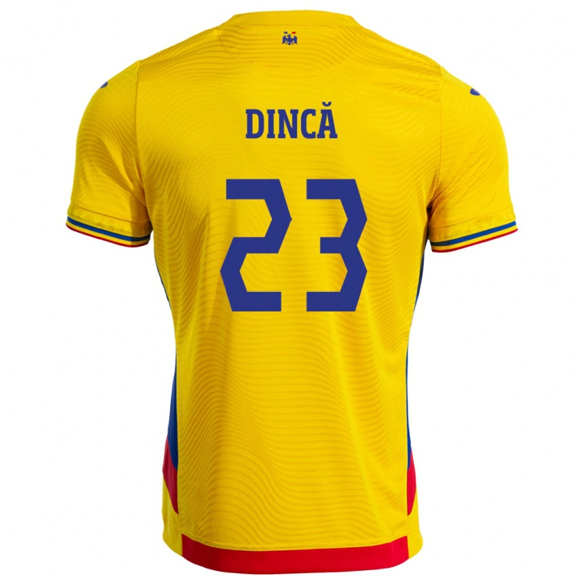 Danxen Homme Maillot Roumanie David Dincă #23 Jaune Tenues Domicile 24-26 T-Shirt
