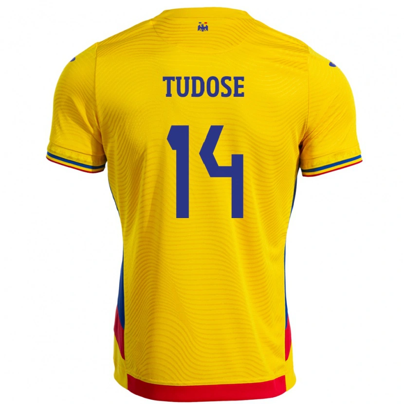 Danxen Femme Maillot Roumanie Mario Tudose #14 Jaune Tenues Domicile 24-26 T-Shirt