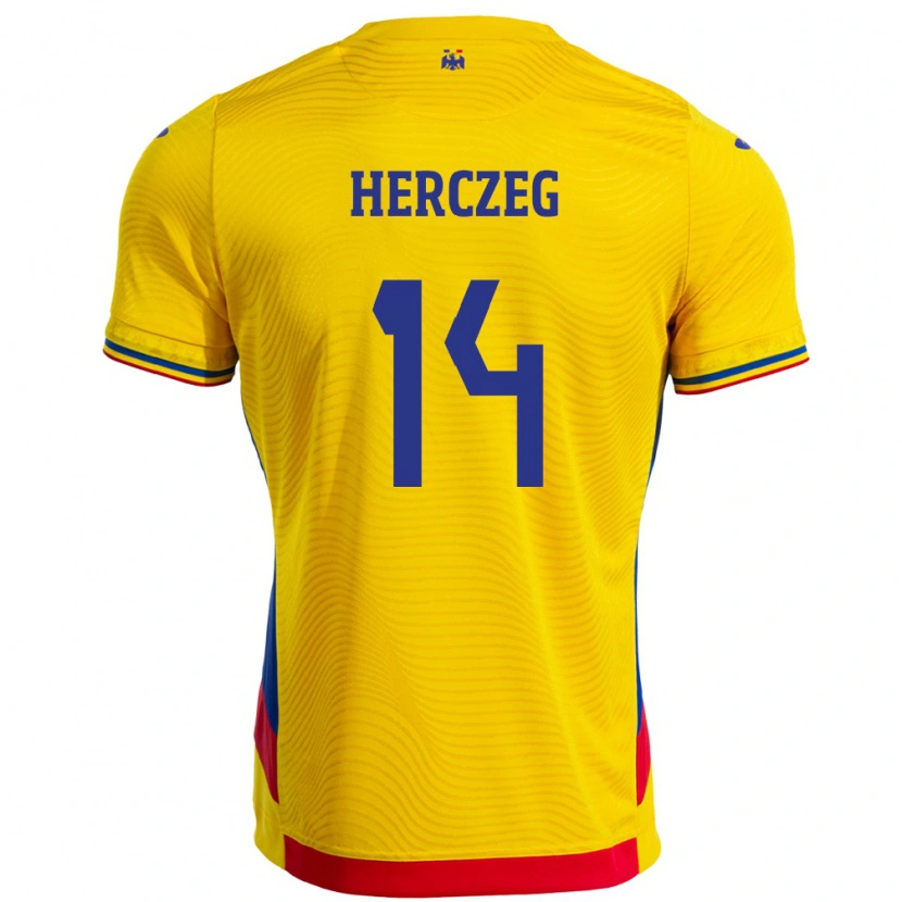 Danxen Femme Maillot Roumanie Andrea Herczeg #14 Jaune Tenues Domicile 24-26 T-Shirt