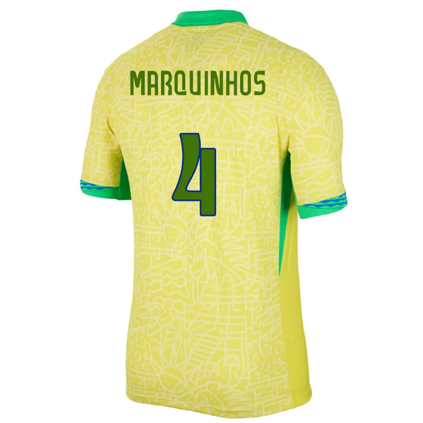 Danxen Enfant Maillot Brésil Marquinhos #4 Jaune Tenues Domicile 24-26 T-Shirt