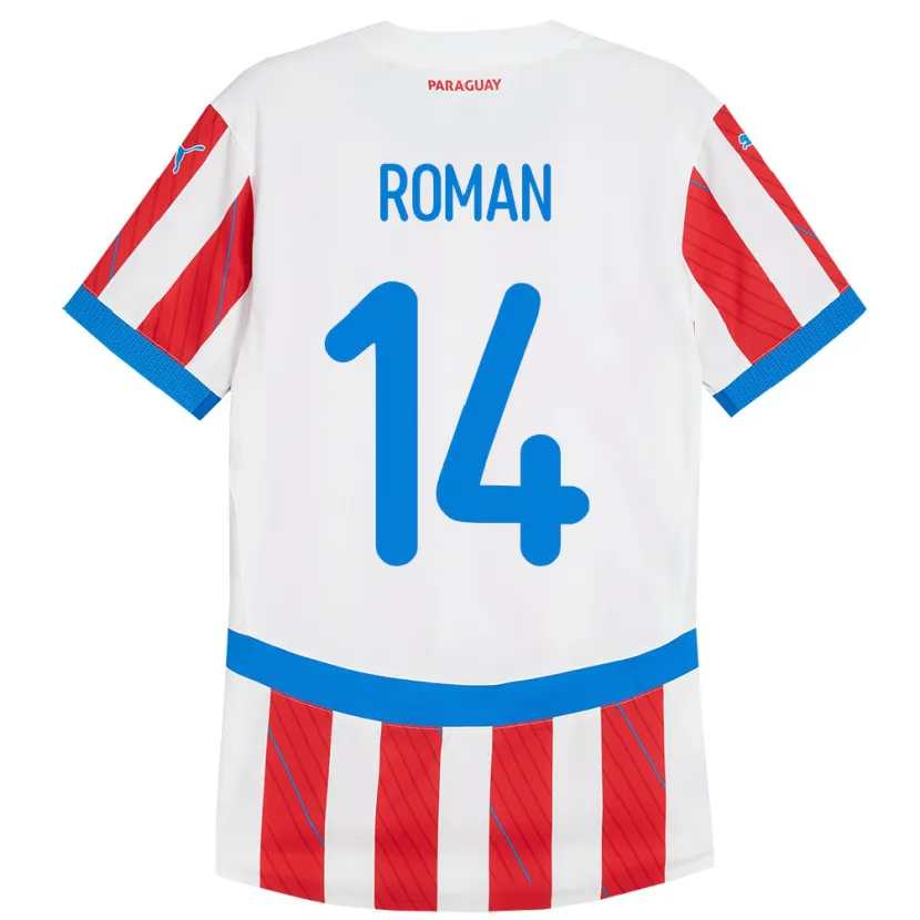 Danxen Enfant Maillot Paraguay Fernando Román #14 Blanc Rouge Tenues Domicile 24-26 T-Shirt