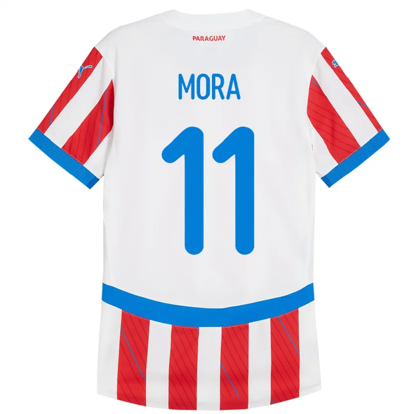 Danxen Enfant Maillot Paraguay Jorge Mora #11 Blanc Rouge Tenues Domicile 24-26 T-Shirt