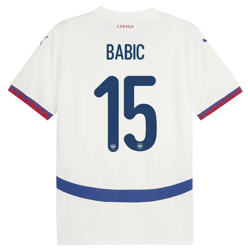 Danxen Enfant Maillot Serbie Srdjan Babic #15 Blanc Tenues Extérieur 24-26 T-Shirt