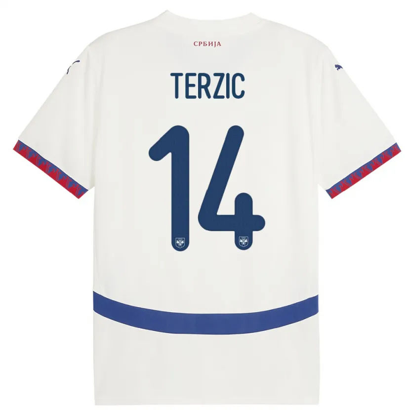 Danxen Enfant Maillot Serbie Aleksa Terzic #14 Blanc Tenues Extérieur 24-26 T-Shirt