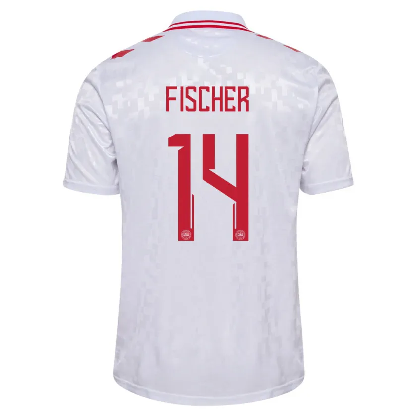 Danxen Enfant Maillot Danemark Mikkel Fischer #14 Blanc Tenues Extérieur 24-26 T-Shirt