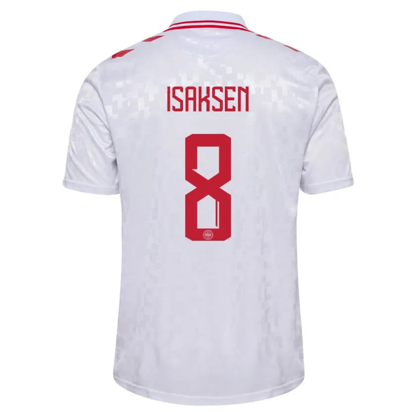 Danxen Enfant Maillot Danemark Gustav Isaksen #8 Blanc Tenues Extérieur 24-26 T-Shirt