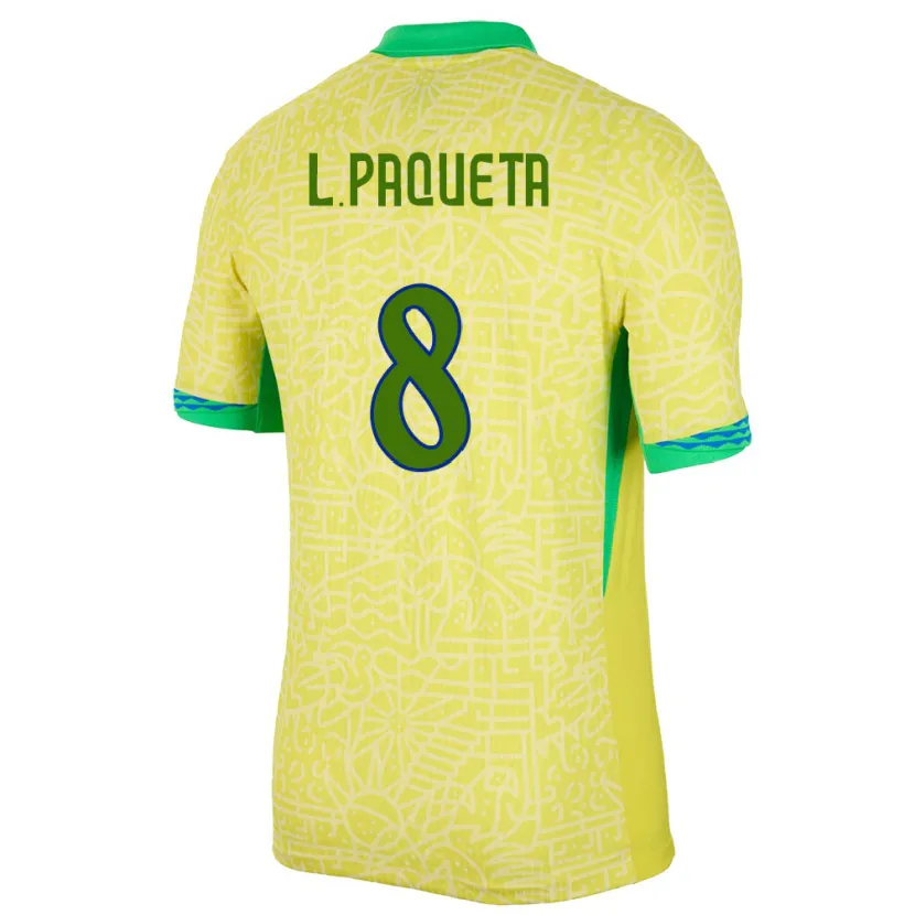 Danxen Homme Maillot Brésil Lucas Paqueta #8 Jaune Tenues Domicile 24-26 T-Shirt