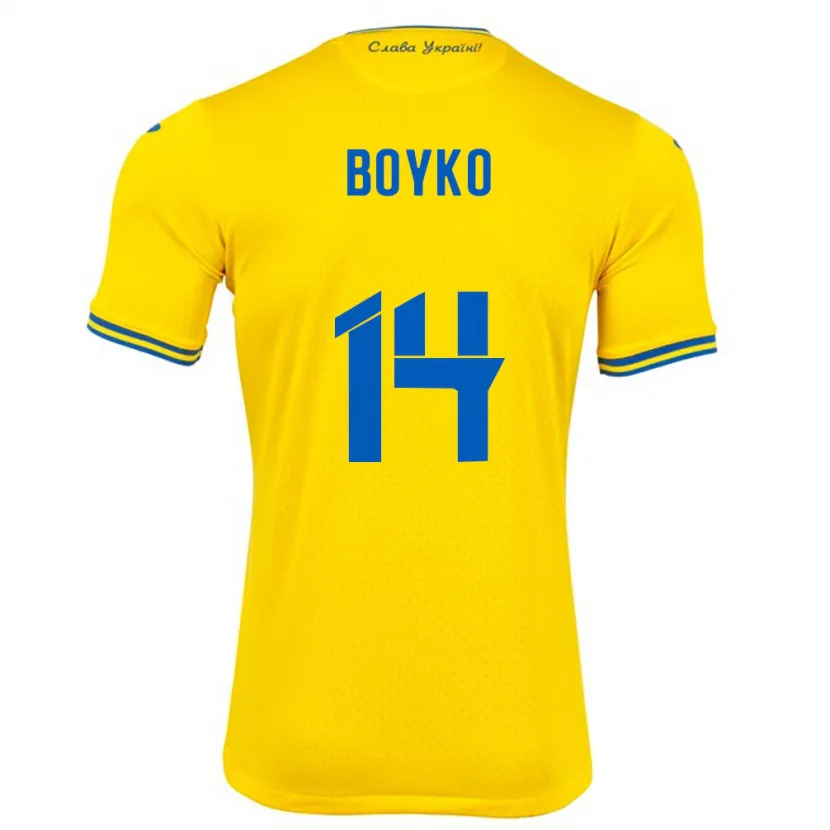 Danxen Homme Maillot Ukraine Evgen Boyko #14 Jaune Tenues Domicile 24-26 T-Shirt