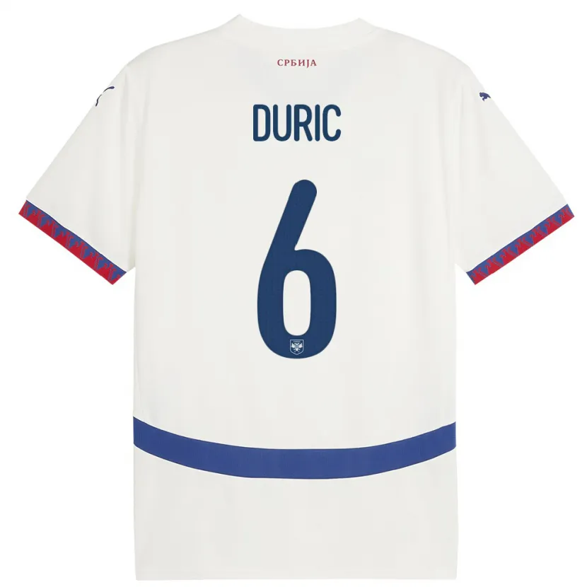 Danxen Homme Maillot Serbie Andrej Duric #6 Blanc Tenues Extérieur 24-26 T-Shirt