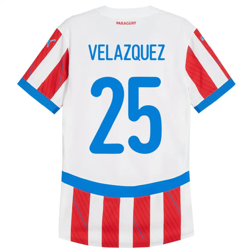 Danxen Femme Maillot Paraguay Gustavo Velázquez #25 Blanc Rouge Tenues Domicile 24-26 T-Shirt