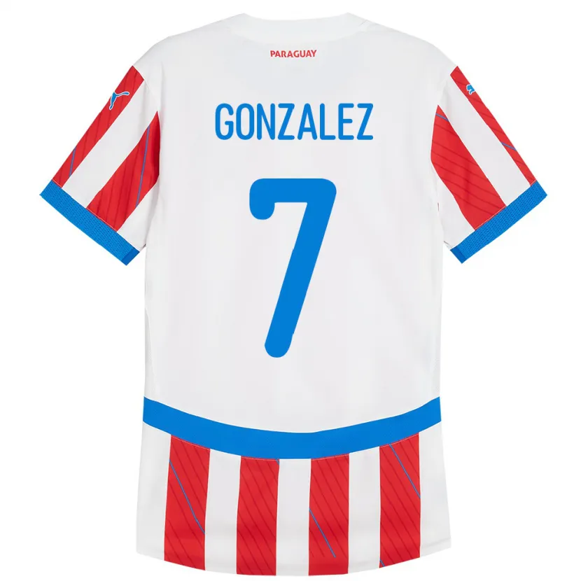 Danxen Femme Maillot Paraguay Diego González #7 Blanc Rouge Tenues Domicile 24-26 T-Shirt
