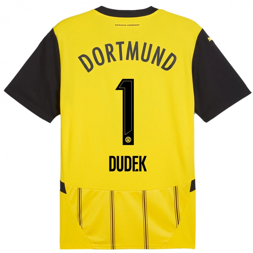 Danxen Femme Maillot Daniel Dudek #1 Jaune Noir Tenues Domicile 2024/25 T-Shirt