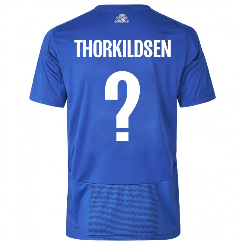 Danxen Enfant Maillot Elias Thorkildsen #0 Blanc Bleu Tenues Extérieur 2024/25 T-Shirt