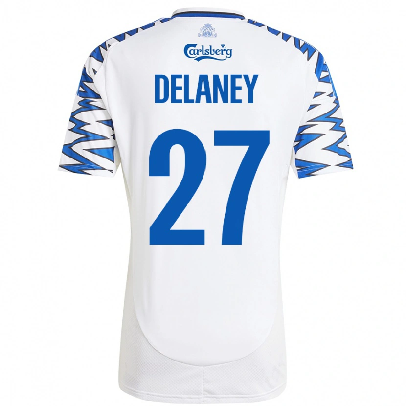 Danxen Homme Maillot Thomas Delaney #27 Blanc Bleu Ciel Tenues Domicile 2024/25 T-Shirt