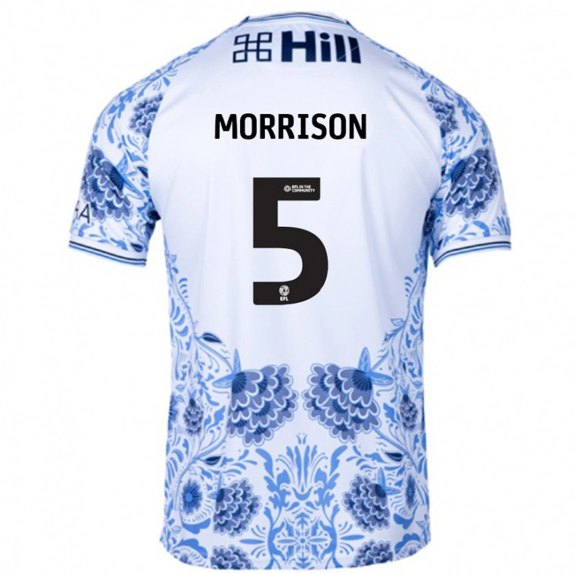 Danxen Homme Maillot Michael Morrison #5 Blanc Bleu Tenues Extérieur 2024/25 T-Shirt