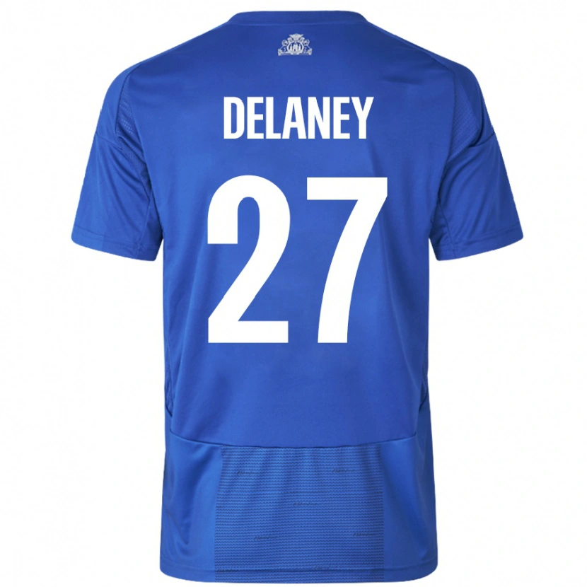 Danxen Femme Maillot Thomas Delaney #27 Blanc Bleu Tenues Extérieur 2024/25 T-Shirt